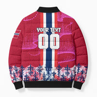 Personalized Norway Football Bomber Puffer Jacket Viking Lion Soccer Mascot - Nordic Longship And Mountain Landscape
