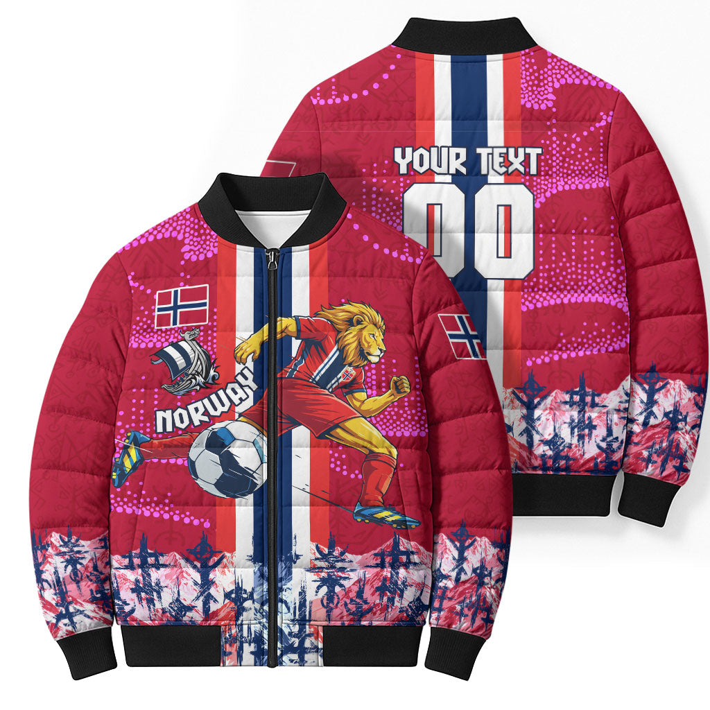 Personalized Norway Football Bomber Puffer Jacket Viking Lion Soccer Mascot - Nordic Longship And Mountain Landscape