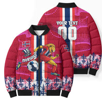 Personalized Norway Football Bomber Puffer Jacket Viking Lion Soccer Mascot - Nordic Longship And Mountain Landscape