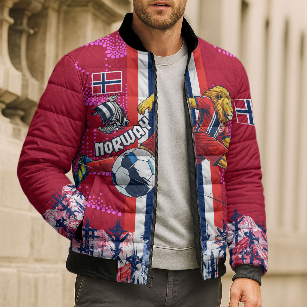 Personalized Norway Football Bomber Puffer Jacket Viking Lion Soccer Mascot - Nordic Longship And Mountain Landscape