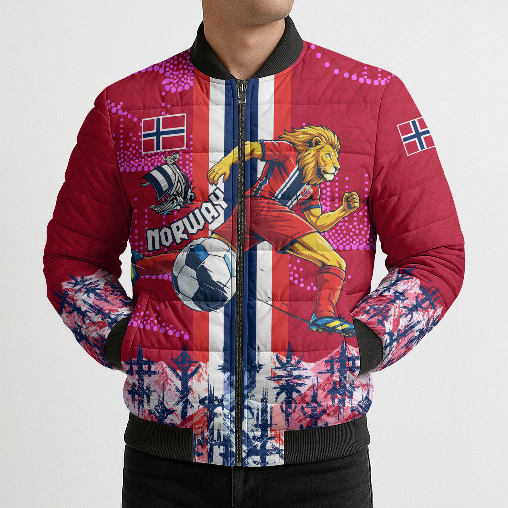 Personalized Norway Football Bomber Puffer Jacket Viking Lion Soccer Mascot - Nordic Longship And Mountain Landscape
