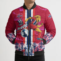 Personalized Norway Football Bomber Puffer Jacket Viking Lion Soccer Mascot - Nordic Longship And Mountain Landscape