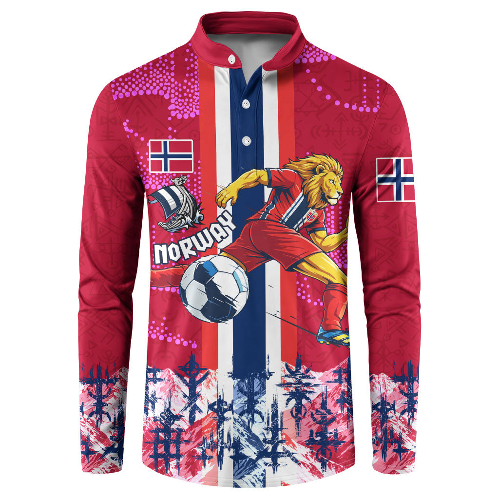 Personalized Norway Football Button Sweatshirt Viking Lion Soccer Mascot - Nordic Longship And Mountain Landscape