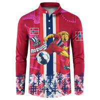 Personalized Norway Football Button Sweatshirt Viking Lion Soccer Mascot - Nordic Longship And Mountain Landscape