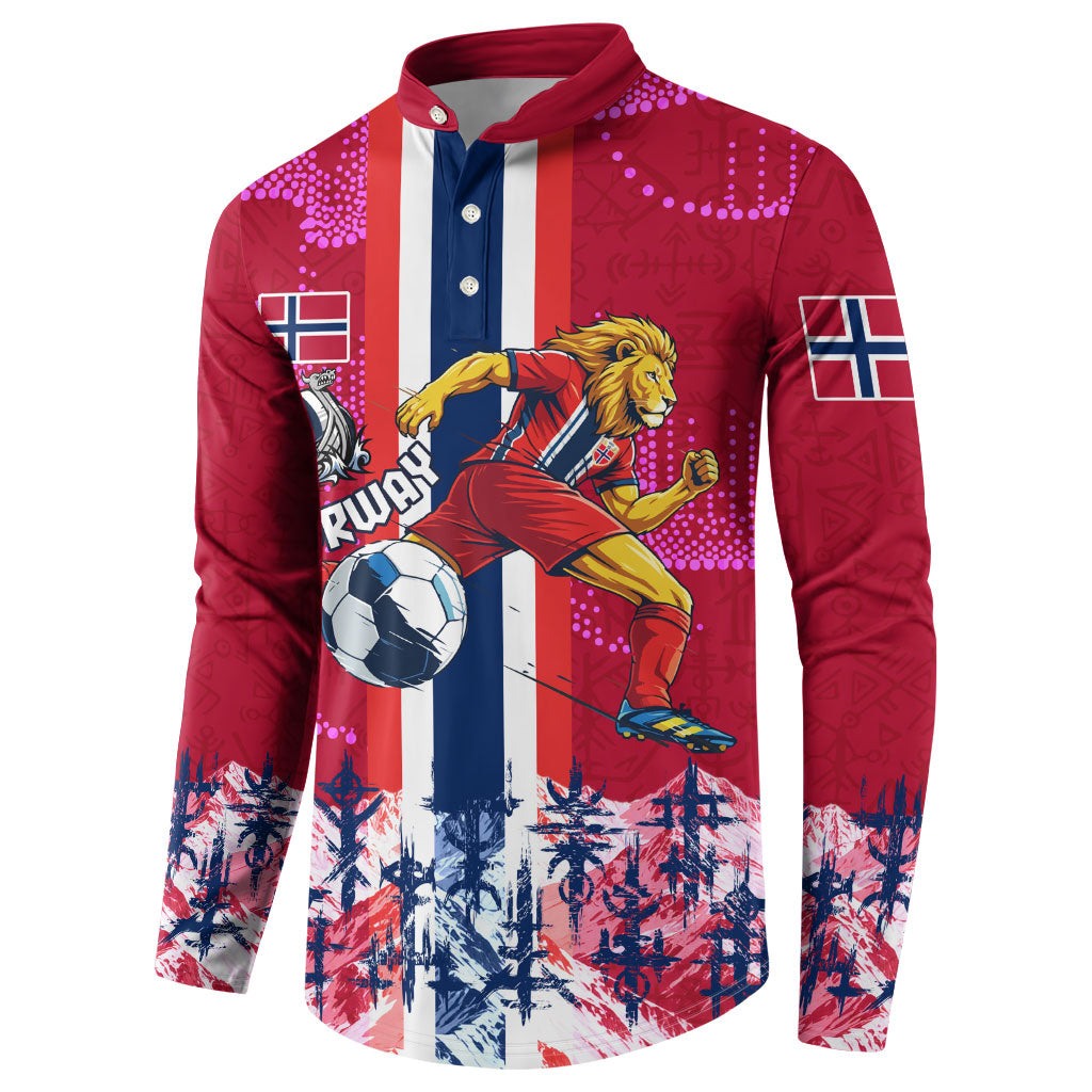 Personalized Norway Football Button Sweatshirt Viking Lion Soccer Mascot - Nordic Longship And Mountain Landscape