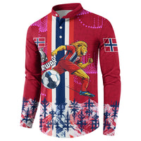 Personalized Norway Football Button Sweatshirt Viking Lion Soccer Mascot - Nordic Longship And Mountain Landscape