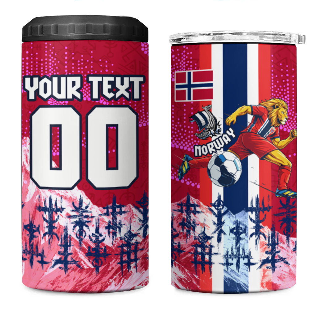 Personalized Norway Football 4 in 1 Can Cooler Tumbler Viking Lion Soccer Mascot - Nordic Longship And Mountain Landscape
