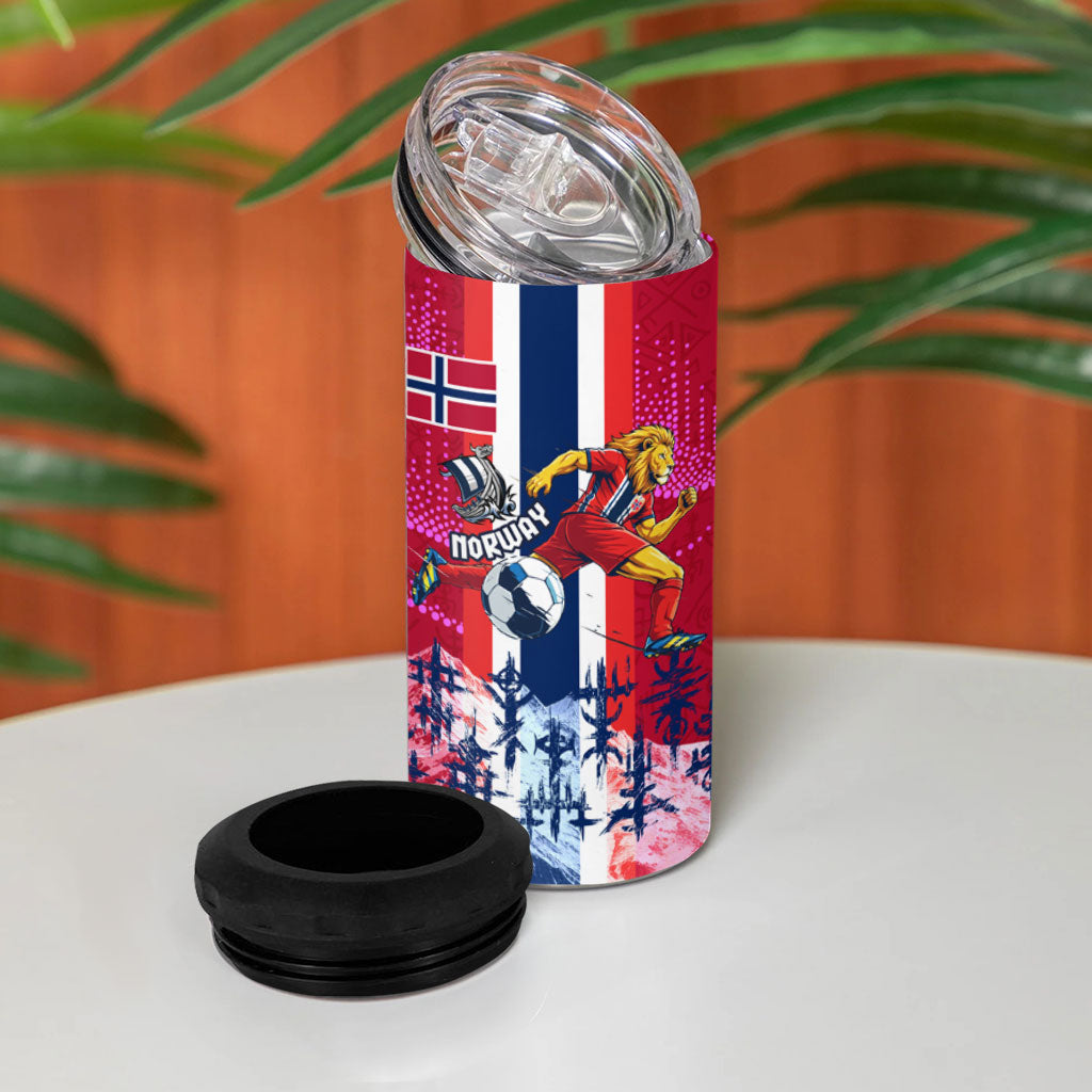 Personalized Norway Football 4 in 1 Can Cooler Tumbler Viking Lion Soccer Mascot - Nordic Longship And Mountain Landscape