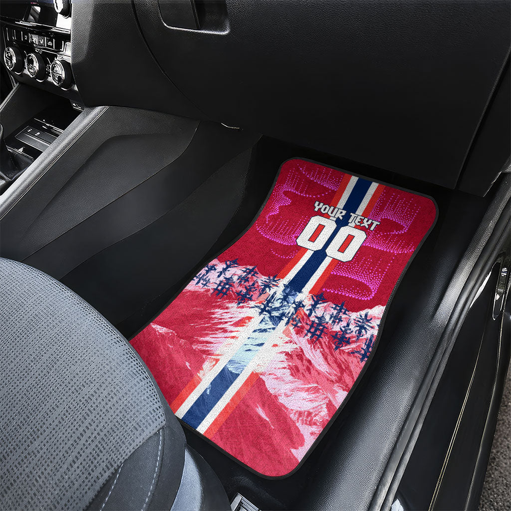 Personalized Norway Football Car Mats Viking Lion Soccer Mascot - Nordic Longship And Mountain Landscape