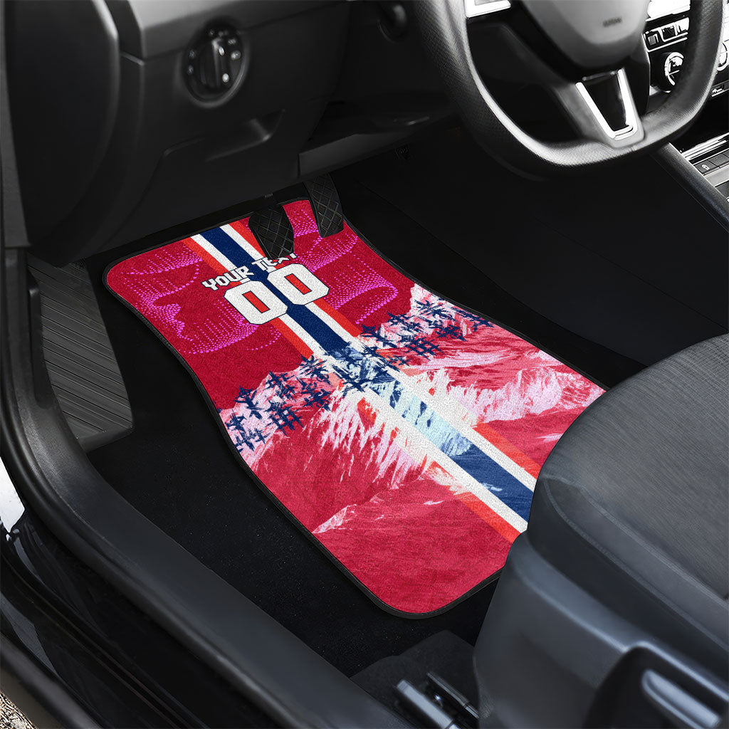 Personalized Norway Football Car Mats Viking Lion Soccer Mascot - Nordic Longship And Mountain Landscape
