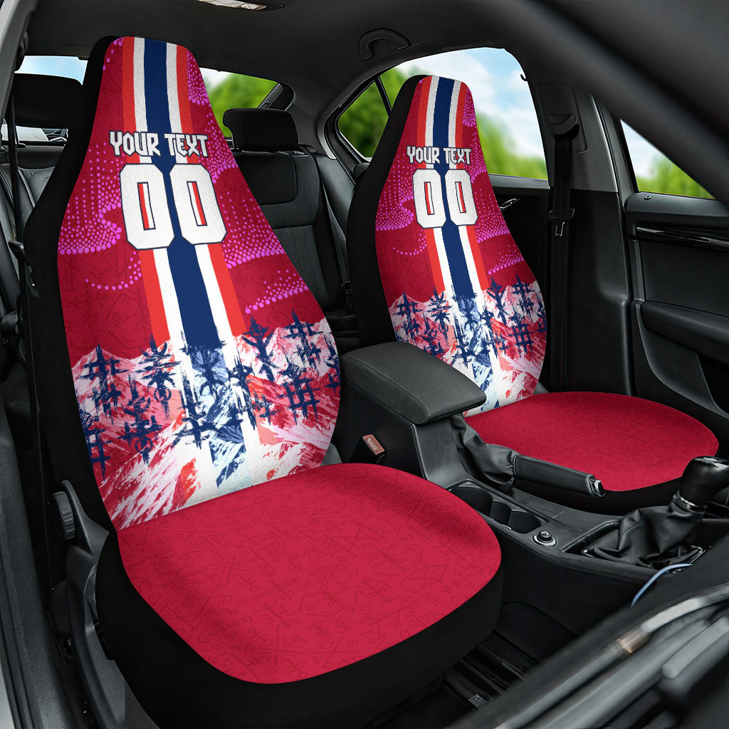 Personalized Norway Football Car Seat Cover Viking Lion Soccer Mascot - Nordic Longship And Mountain Landscape