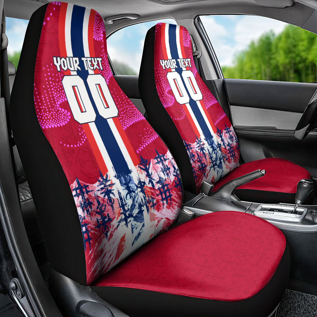 Personalized Norway Football Car Seat Cover Viking Lion Soccer Mascot - Nordic Longship And Mountain Landscape