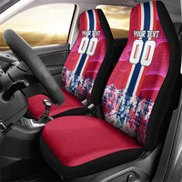 Personalized Norway Football Car Seat Cover Viking Lion Soccer Mascot - Nordic Longship And Mountain Landscape