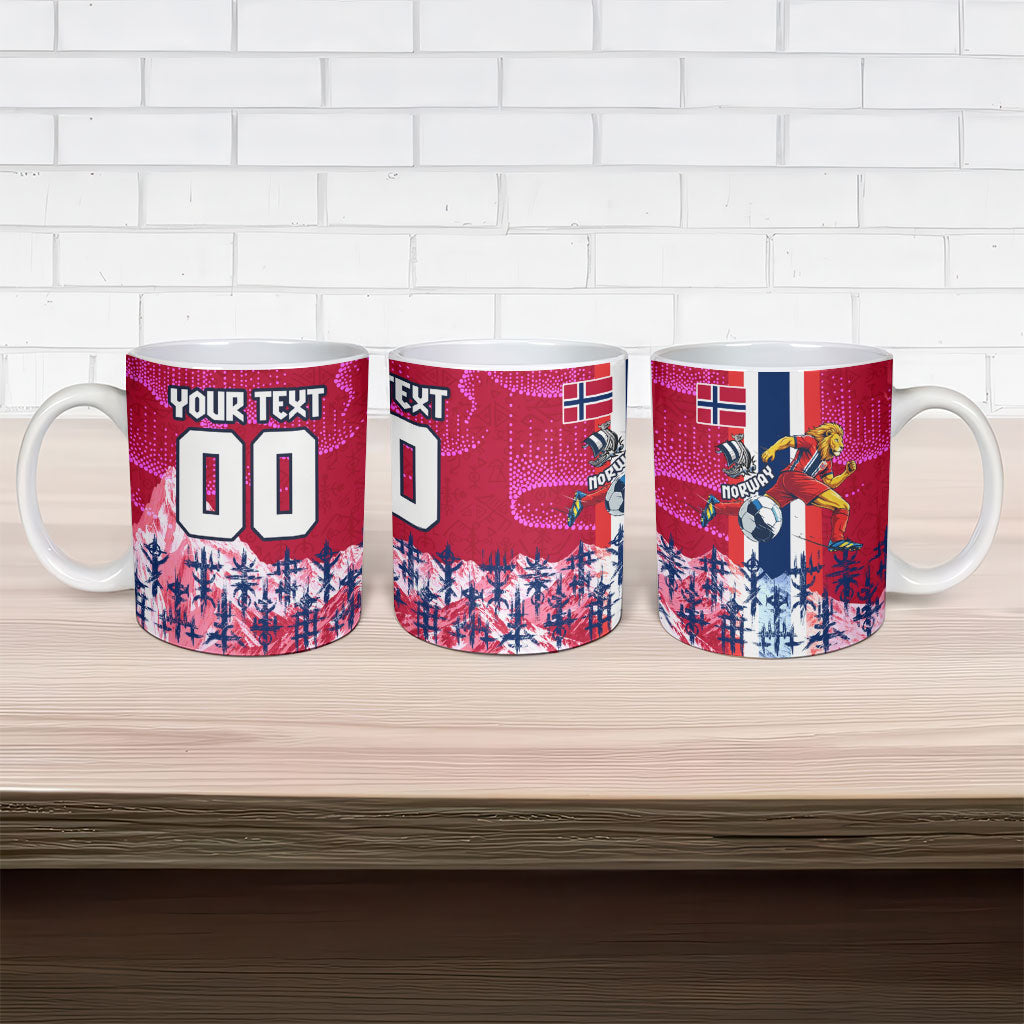 Personalized Norway Football Ceramic Mug Viking Lion Soccer Mascot - Nordic Longship And Mountain Landscape