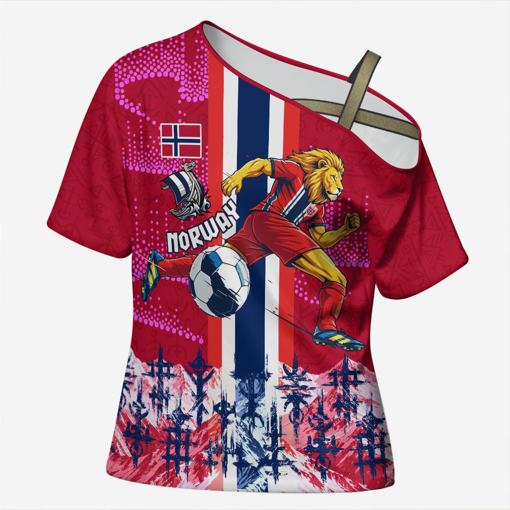 Personalized Norway Football Cross Shoulder Shirt Viking Lion Soccer Mascot - Nordic Longship And Mountain Landscape