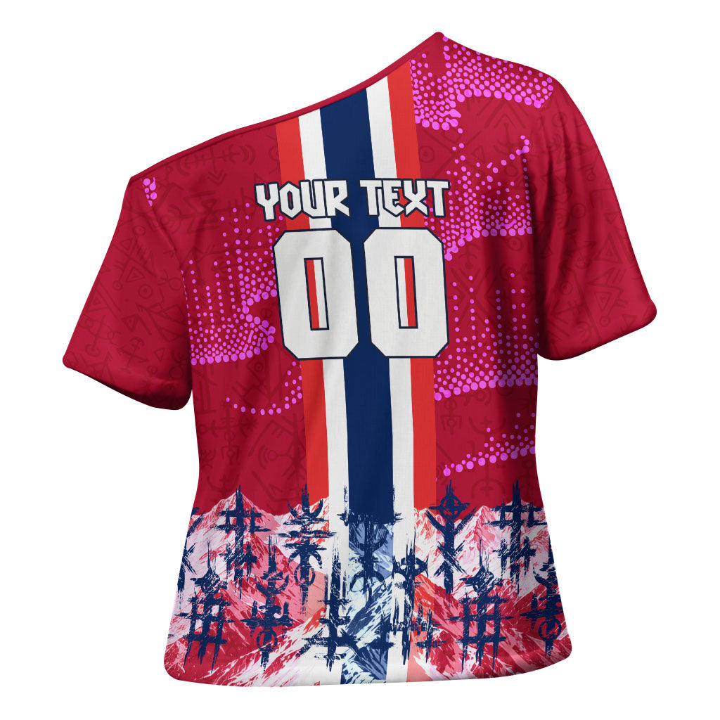 Personalized Norway Football Cross Shoulder Shirt Viking Lion Soccer Mascot - Nordic Longship And Mountain Landscape