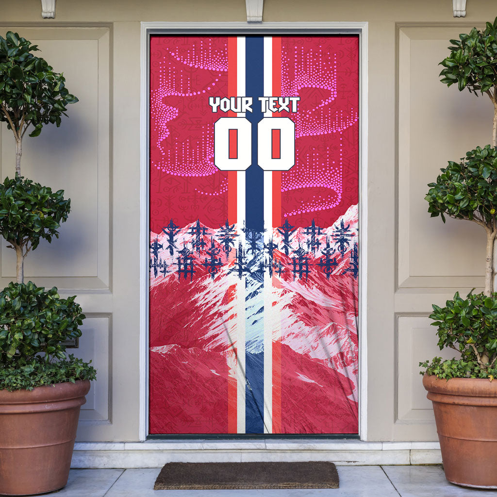 Personalized Norway Football Door Cover Viking Lion Soccer Mascot - Nordic Longship And Mountain Landscape