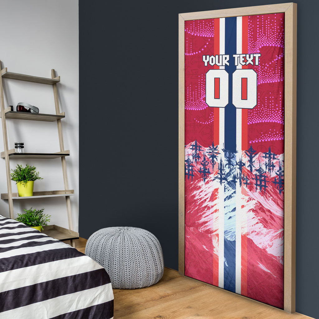 Personalized Norway Football Door Cover Viking Lion Soccer Mascot - Nordic Longship And Mountain Landscape