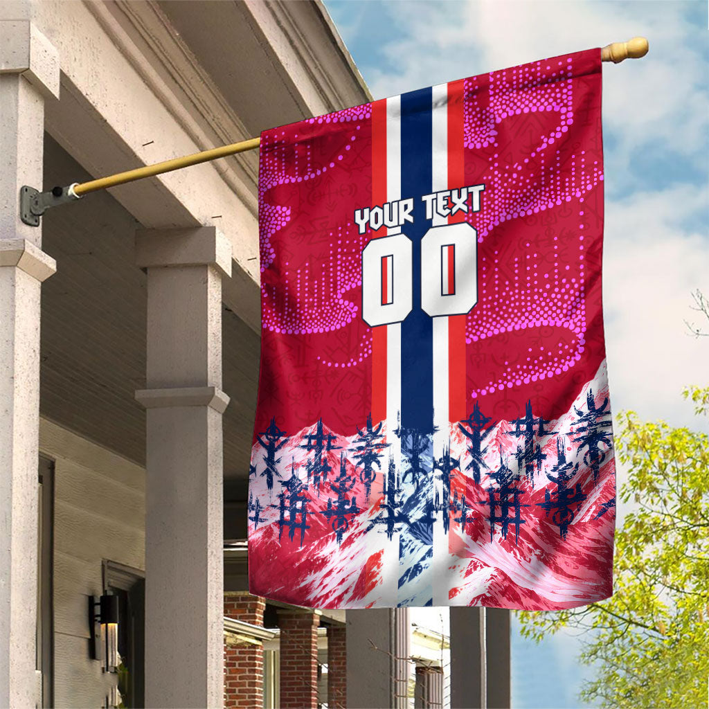 Personalized Norway Football Garden Flag Viking Lion Soccer Mascot - Nordic Longship And Mountain Landscape