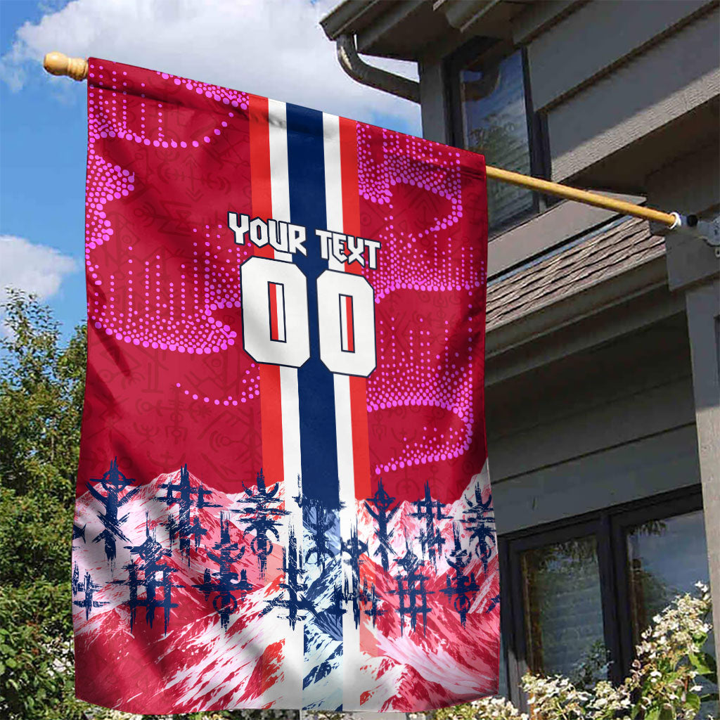 Personalized Norway Football Garden Flag Viking Lion Soccer Mascot - Nordic Longship And Mountain Landscape