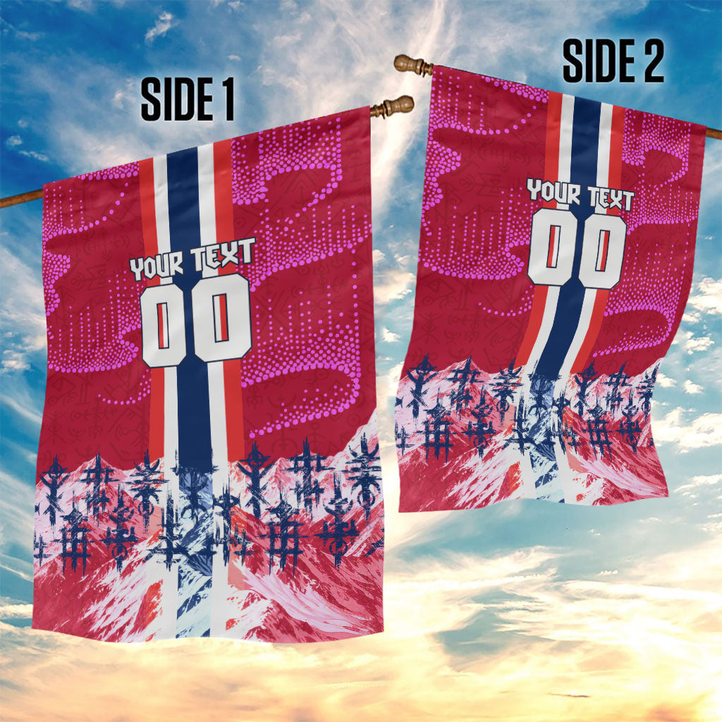 Personalized Norway Football Garden Flag Viking Lion Soccer Mascot - Nordic Longship And Mountain Landscape