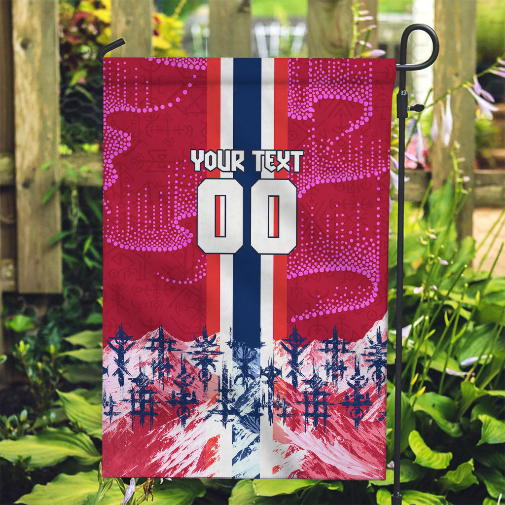 Personalized Norway Football Garden Flag Viking Lion Soccer Mascot - Nordic Longship And Mountain Landscape
