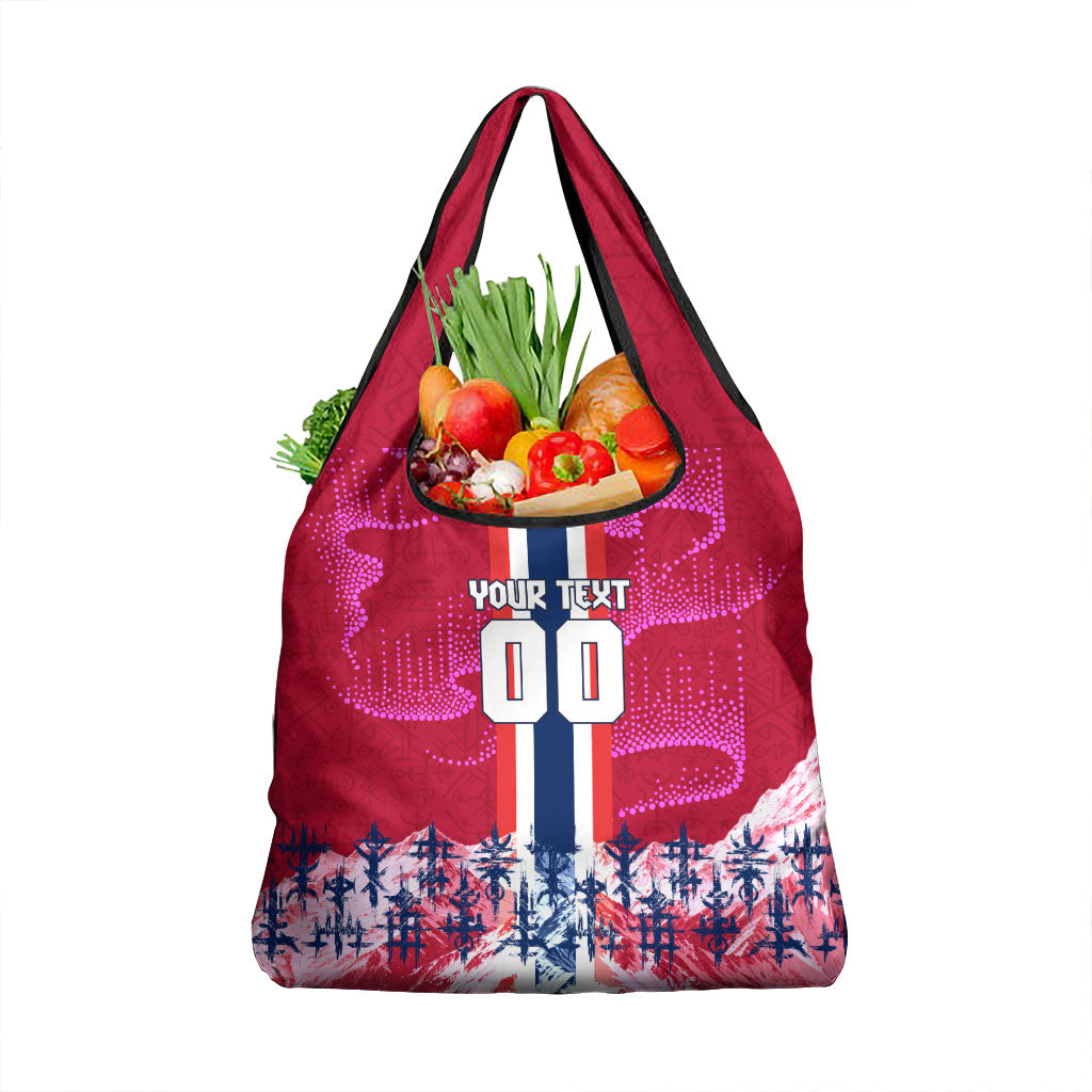 Personalized Norway Football Grocery Bag Viking Lion Soccer Mascot - Nordic Longship And Mountain Landscape