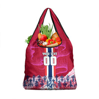 Personalized Norway Football Grocery Bag Viking Lion Soccer Mascot - Nordic Longship And Mountain Landscape