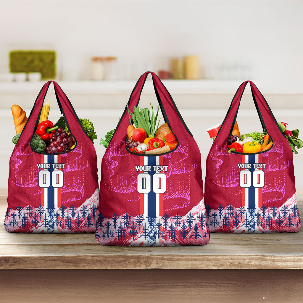 Personalized Norway Football Grocery Bag Viking Lion Soccer Mascot - Nordic Longship And Mountain Landscape