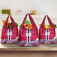 Personalized Norway Football Grocery Bag Viking Lion Soccer Mascot - Nordic Longship And Mountain Landscape