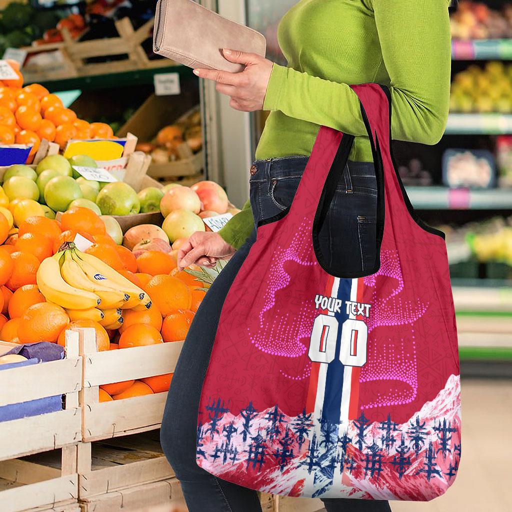 Personalized Norway Football Grocery Bag Viking Lion Soccer Mascot - Nordic Longship And Mountain Landscape