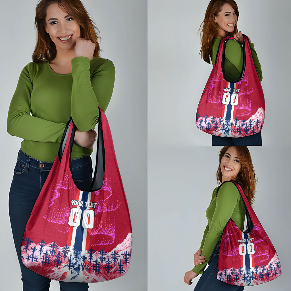Personalized Norway Football Grocery Bag Viking Lion Soccer Mascot - Nordic Longship And Mountain Landscape