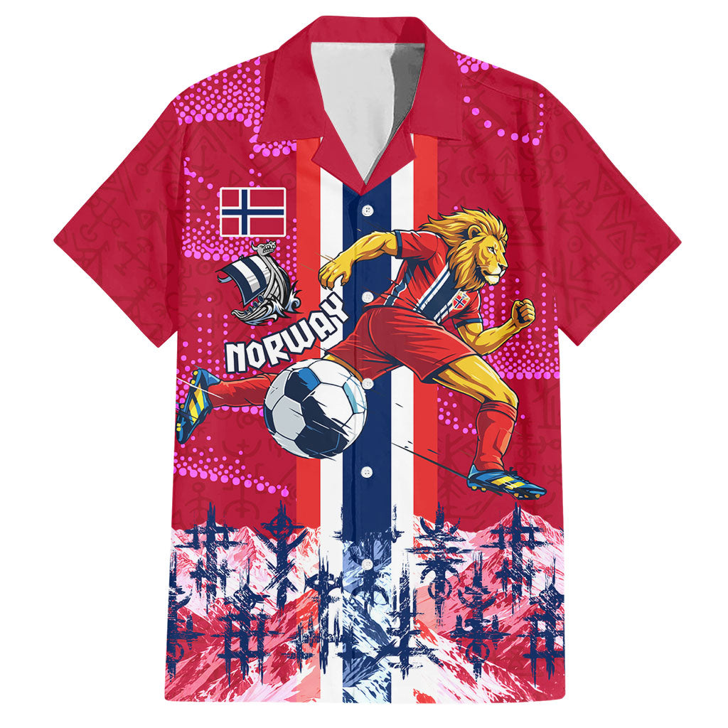 Personalized Norway Football Hawaiian Shirt Viking Lion Soccer Mascot - Nordic Longship And Mountain Landscape