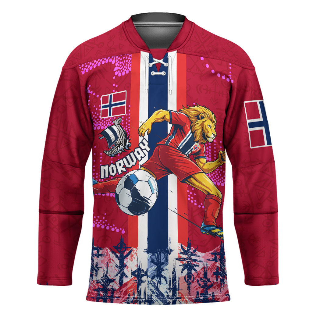 Personalized Norway Football Hockey Jersey Viking Lion Soccer Mascot - Nordic Longship And Mountain Landscape