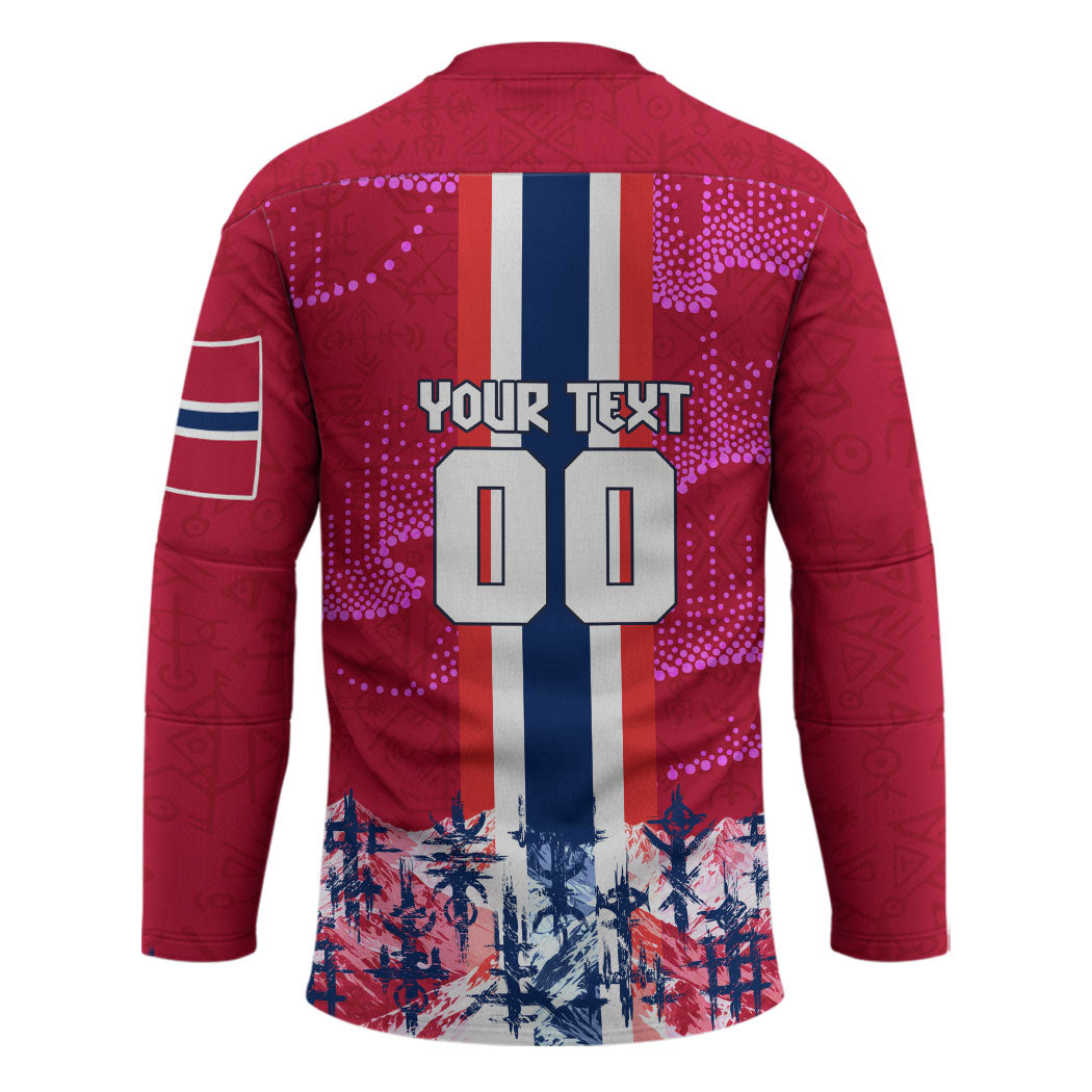 Personalized Norway Football Hockey Jersey Viking Lion Soccer Mascot - Nordic Longship And Mountain Landscape