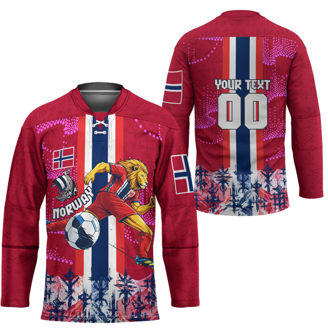 Personalized Norway Football Hockey Jersey Viking Lion Soccer Mascot - Nordic Longship And Mountain Landscape