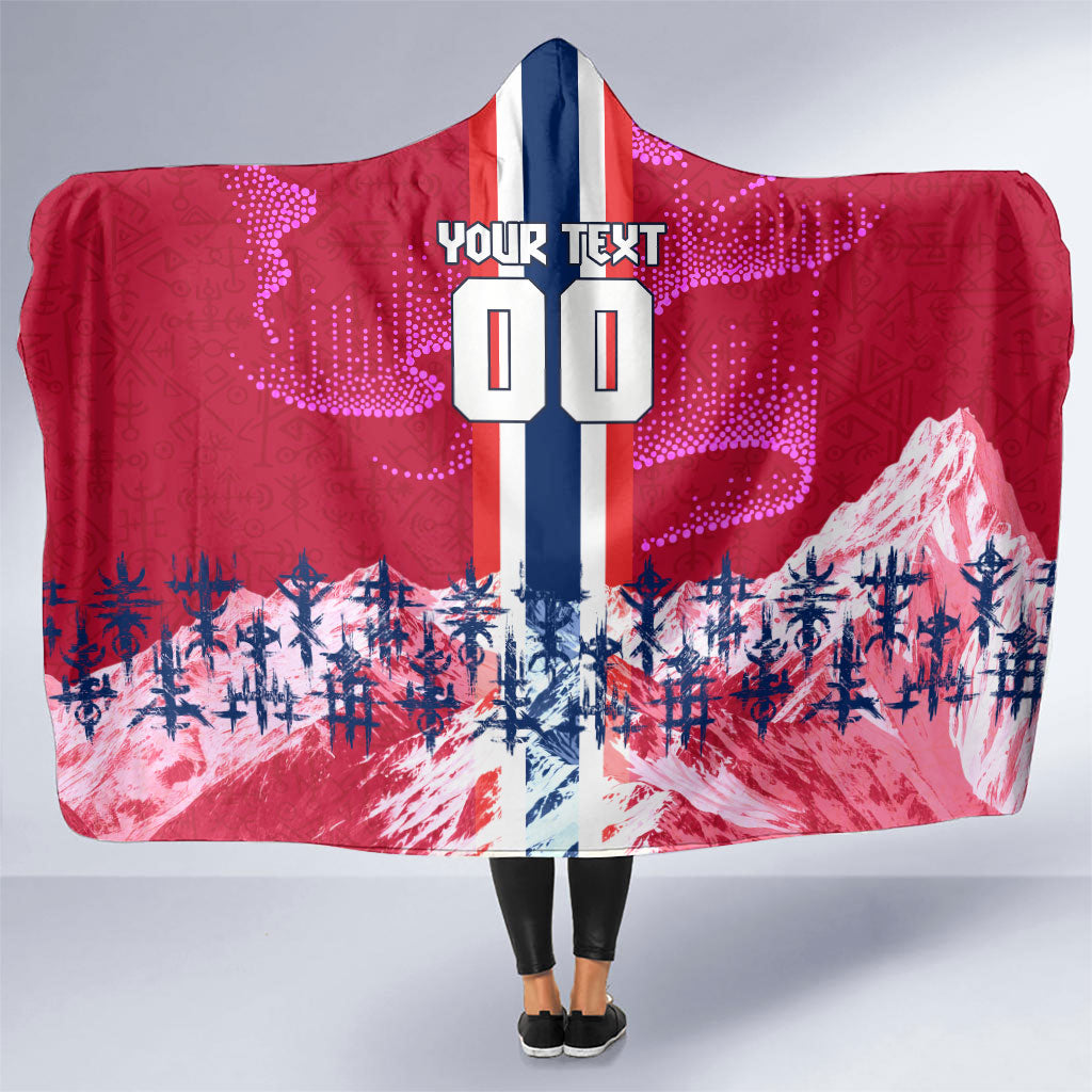 Personalized Norway Football Hooded Blanket Viking Lion Soccer Mascot - Nordic Longship And Mountain Landscape