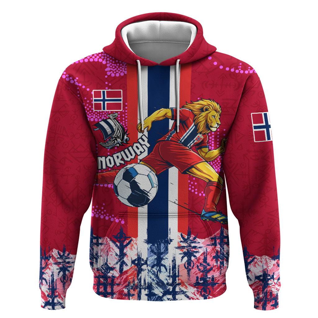Personalized Norway Football Hoodie Viking Lion Soccer Mascot - Nordic Longship And Mountain Landscape