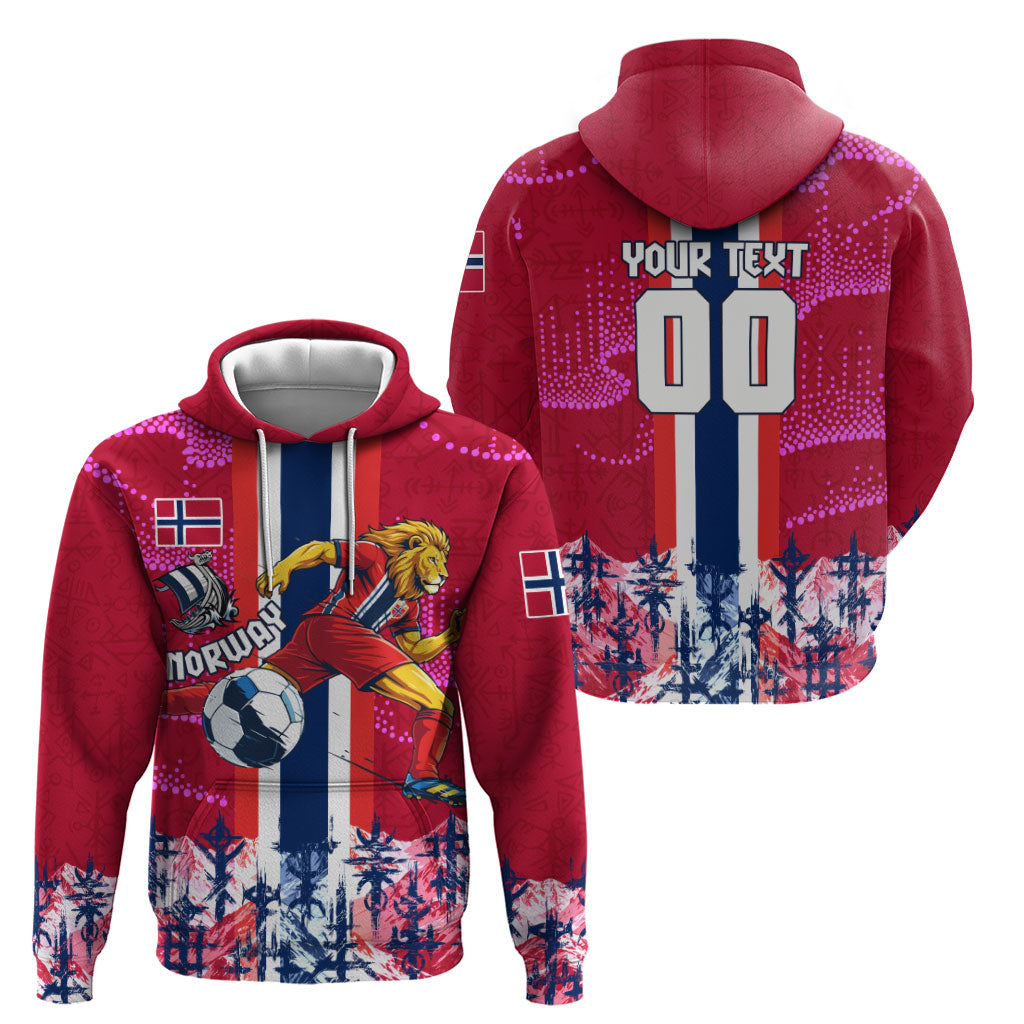 Personalized Norway Football Hoodie Viking Lion Soccer Mascot - Nordic Longship And Mountain Landscape
