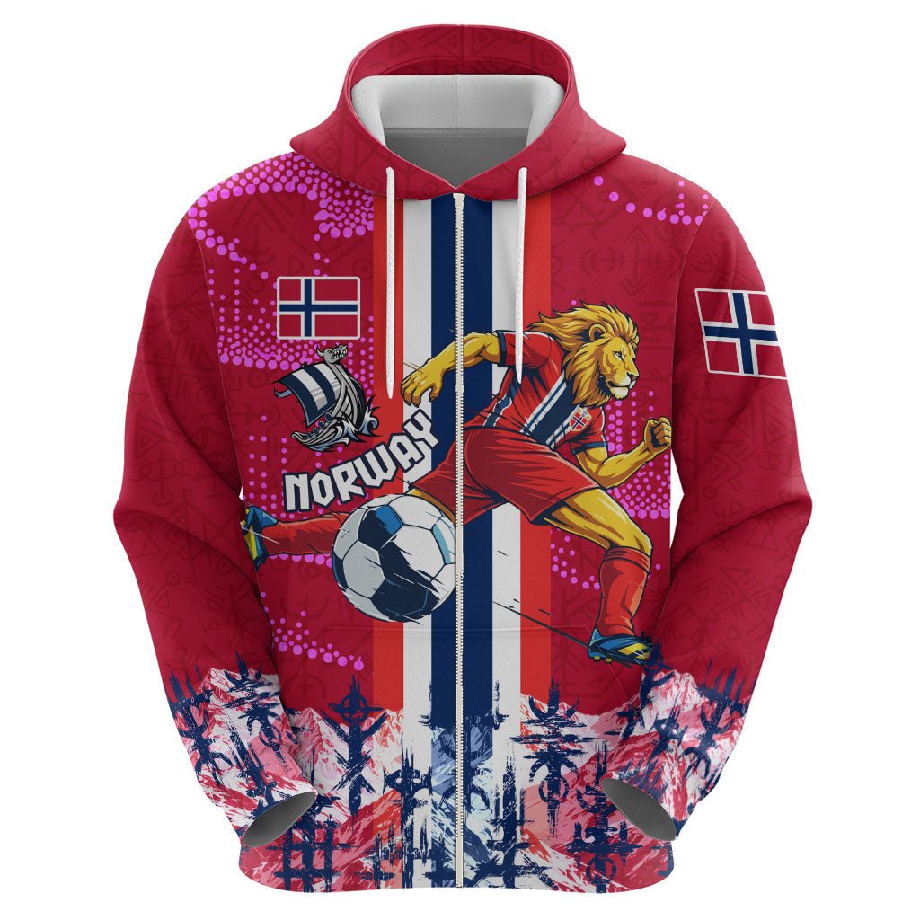 Personalized Norway Football Hoodie Viking Lion Soccer Mascot - Nordic Longship And Mountain Landscape