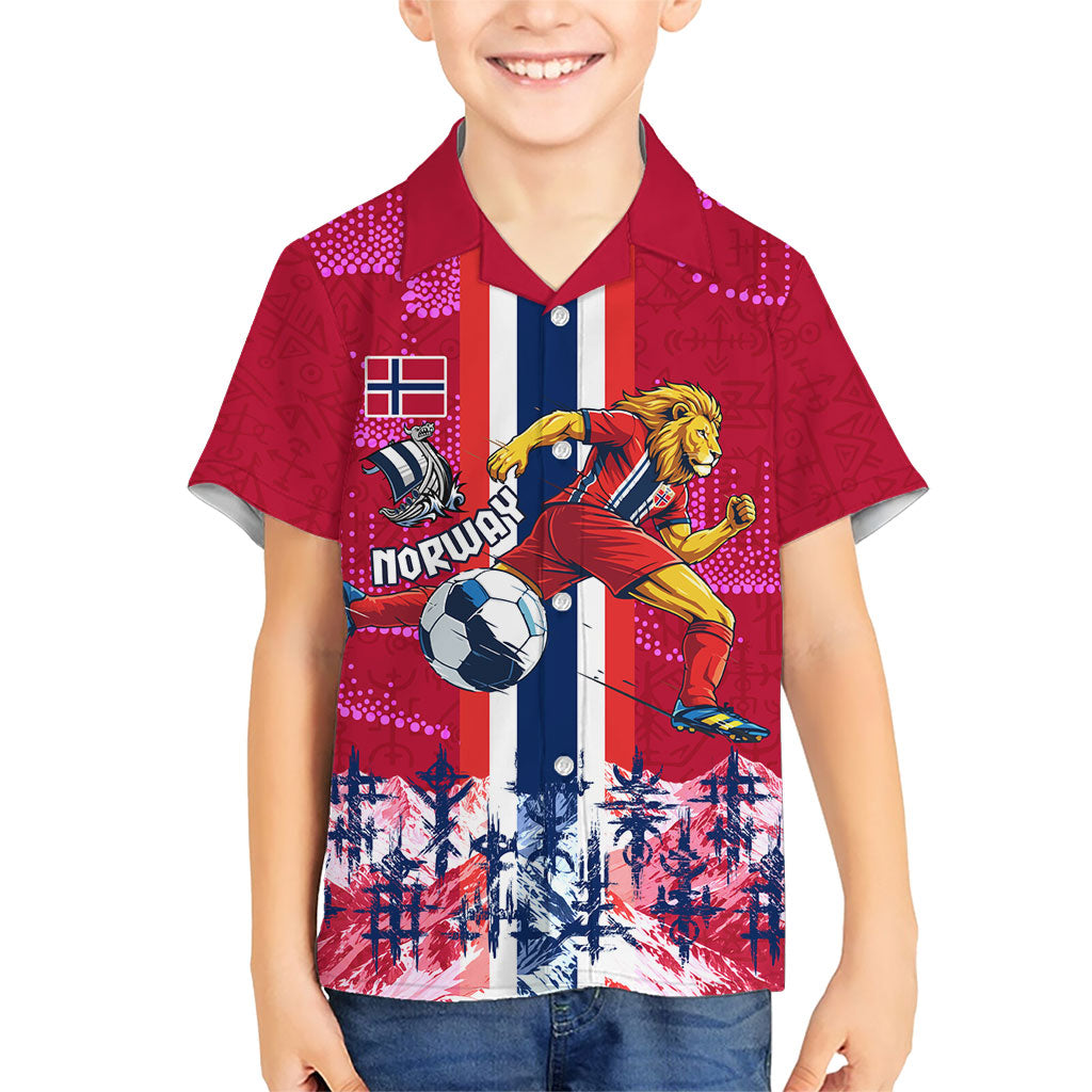 Personalized Norway Football Kid Hawaiian Shirt Viking Lion Soccer Mascot - Nordic Longship And Mountain Landscape