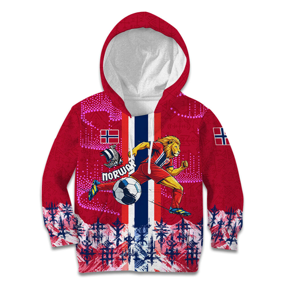 Personalized Norway Football Kid Hoodie Viking Lion Soccer Mascot - Nordic Longship And Mountain Landscape