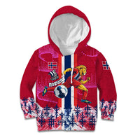 Personalized Norway Football Kid Hoodie Viking Lion Soccer Mascot - Nordic Longship And Mountain Landscape