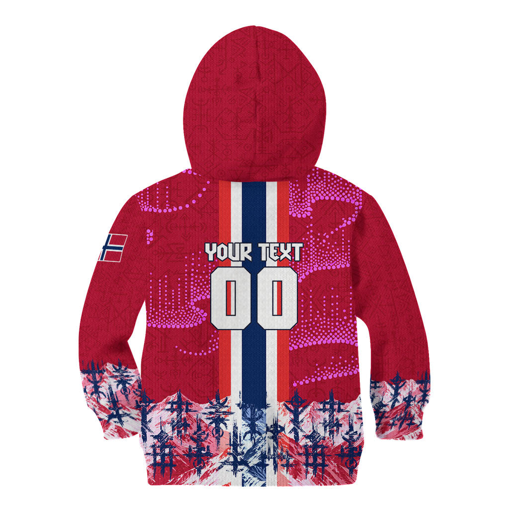 Personalized Norway Football Kid Hoodie Viking Lion Soccer Mascot - Nordic Longship And Mountain Landscape