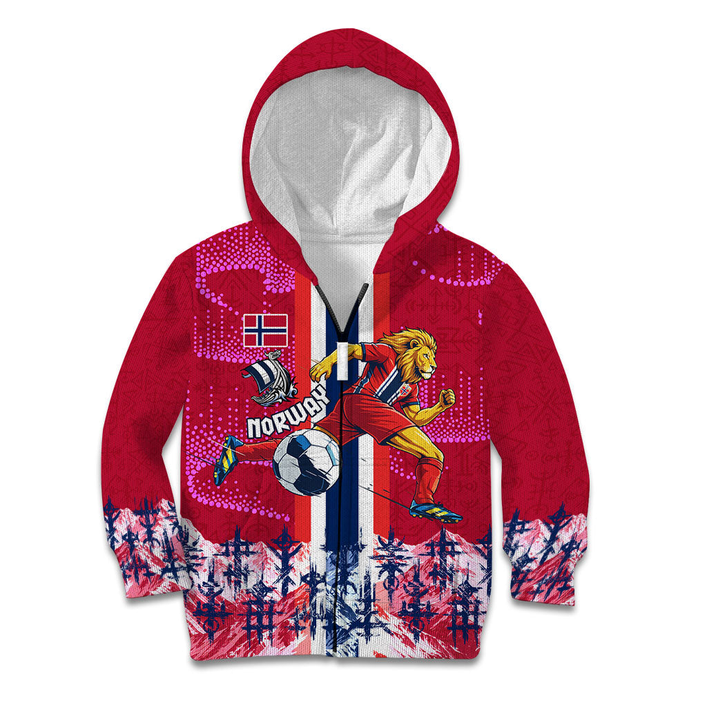 Personalized Norway Football Kid Hoodie Viking Lion Soccer Mascot - Nordic Longship And Mountain Landscape