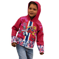 Personalized Norway Football Kid Hoodie Viking Lion Soccer Mascot - Nordic Longship And Mountain Landscape