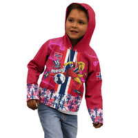 Personalized Norway Football Kid Hoodie Viking Lion Soccer Mascot - Nordic Longship And Mountain Landscape