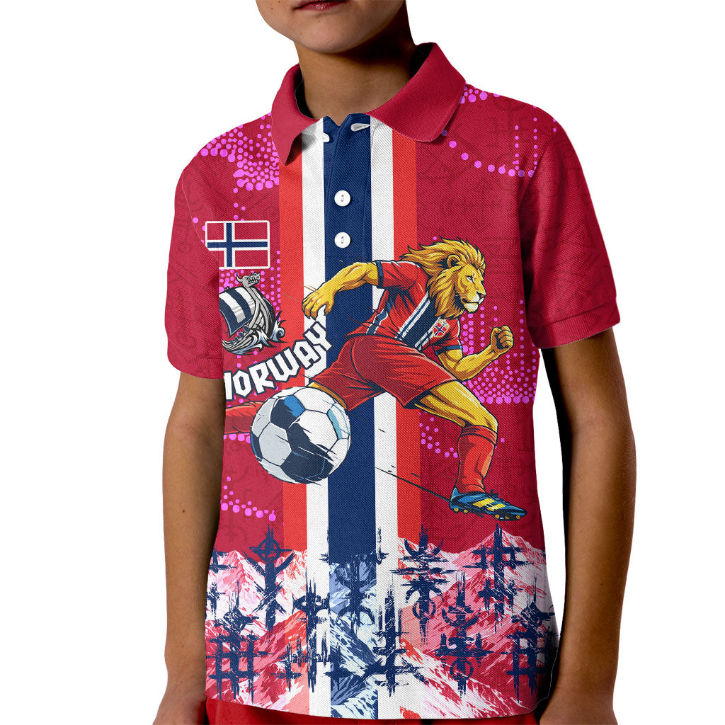 Personalized Norway Football Kid Polo Shirt Viking Lion Soccer Mascot - Nordic Longship And Mountain Landscape