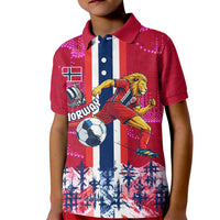 Personalized Norway Football Kid Polo Shirt Viking Lion Soccer Mascot - Nordic Longship And Mountain Landscape