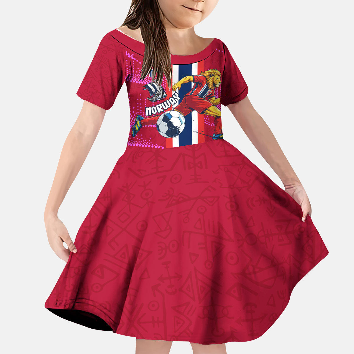 Personalized Norway Football Kid Short Sleeve Dress Viking Lion Soccer Mascot - Nordic Longship And Mountain Landscape
